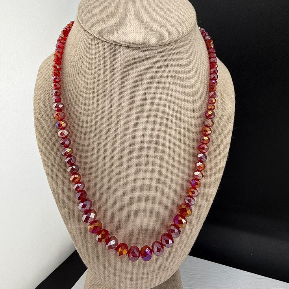 Faceted Glass Beaded Necklace AB Red Magnetic Close 20”